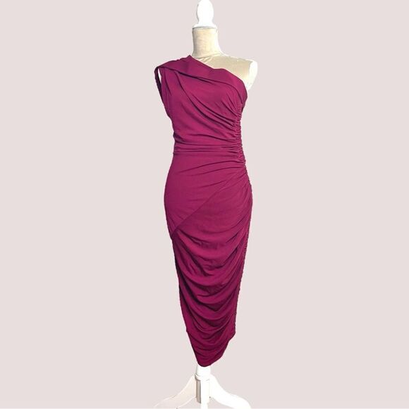 RACHEL ROY NY asymmetric side-ruched midi dress in Fuchsia Size L - Picture 1 of 12